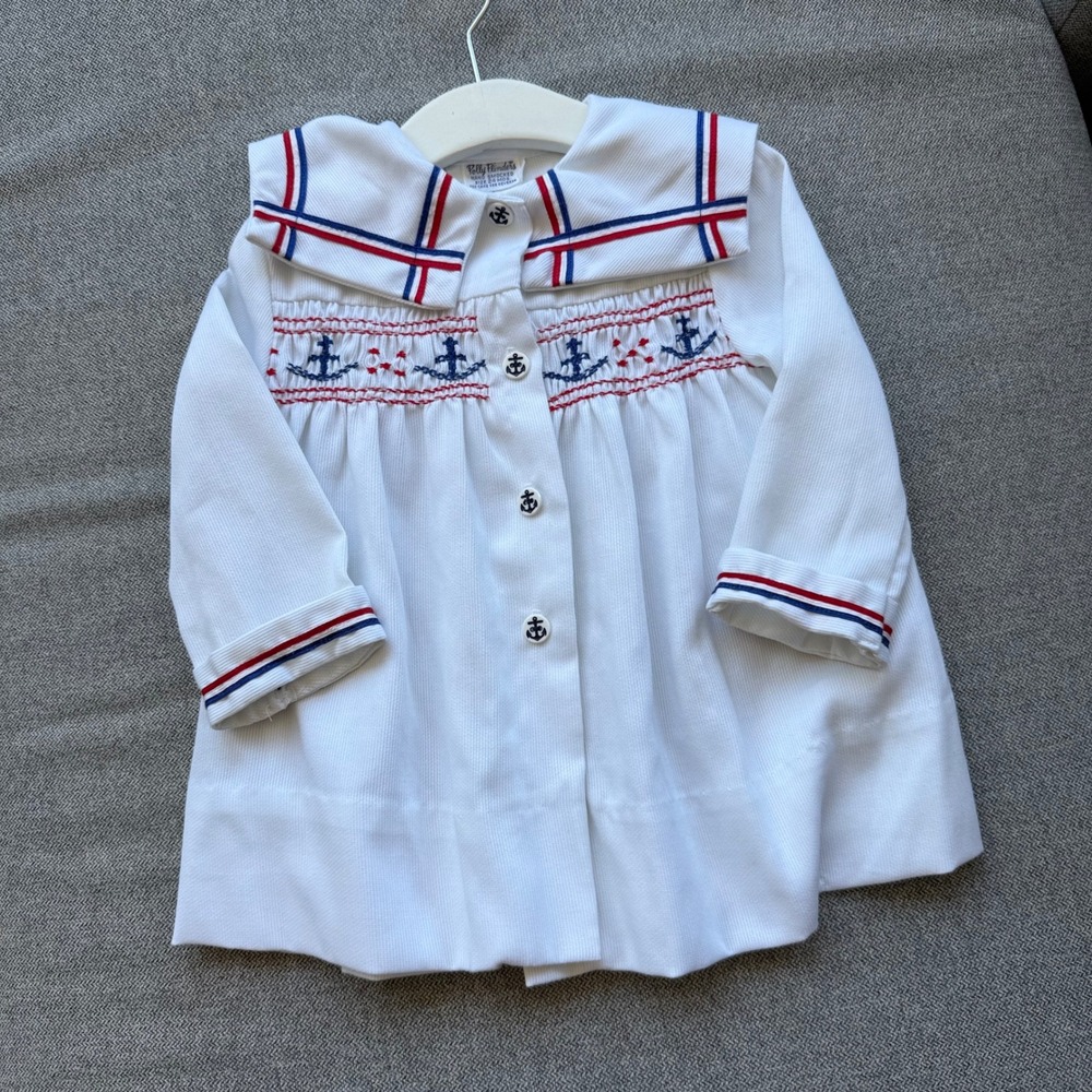 Vintage Polly Flinders Hand Smocked Sailor Dress White Nautical Anchors 24 Mos